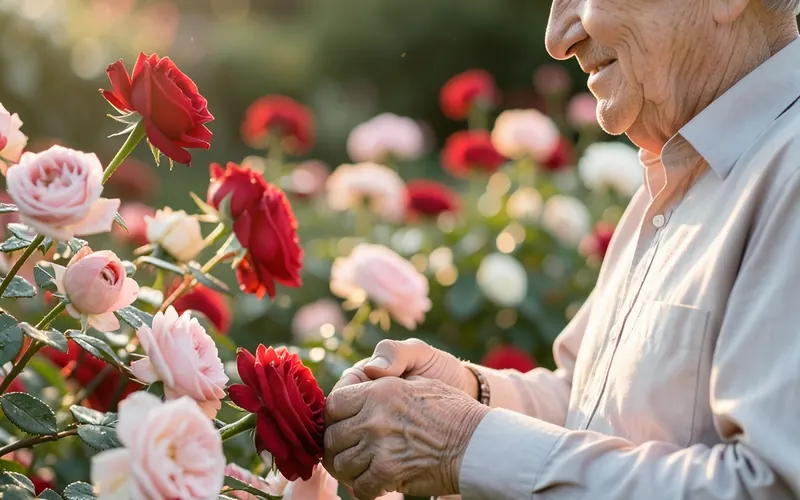 Ein älteres Paar hält Hände im sonnigen Garten — gemeinsame Erinnerungen