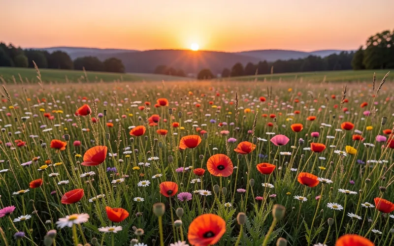 Ort der Erinnerung Blumenwiese bei Sonnenuntergang — ein friedvoller Ort der Erinnerung