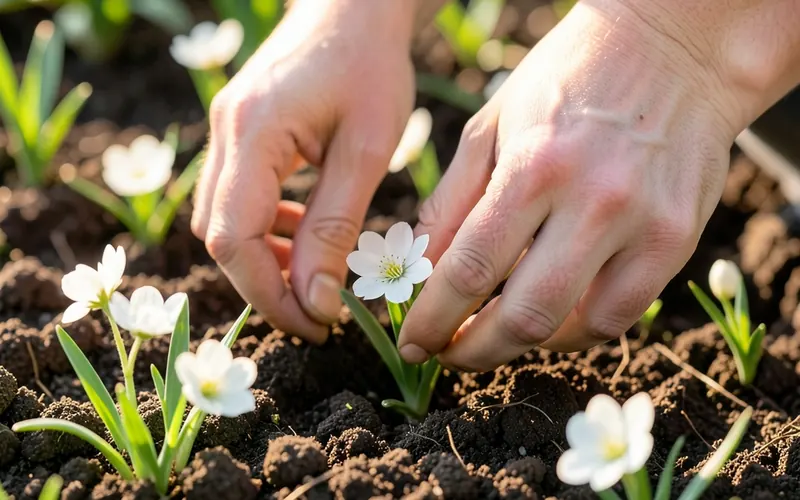 Leben, das weitergeht Hände pflanzen Blumen in frischer Erde — Leben, das weitergeht
